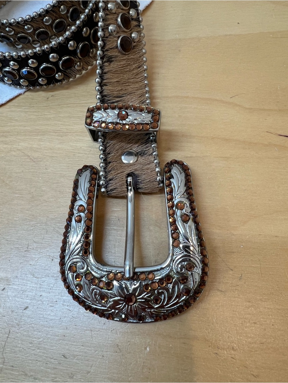 B.B. Simon Brown Leather Studded Belt with Silver Buckle and Swarovski Crystals - Picture 3 of 9